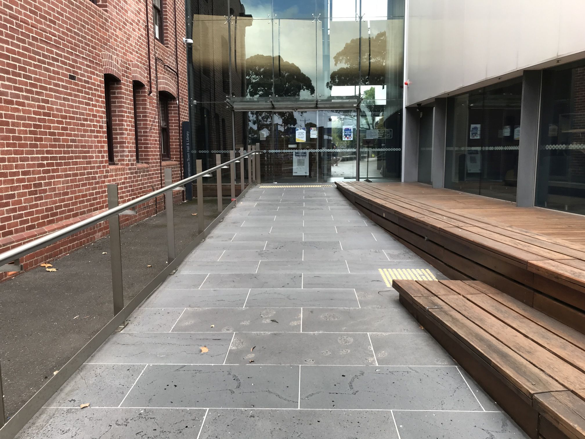 Photograph depicting approach from front carpark to the the Williamstown Town Hall & Library linkway accessible entrance