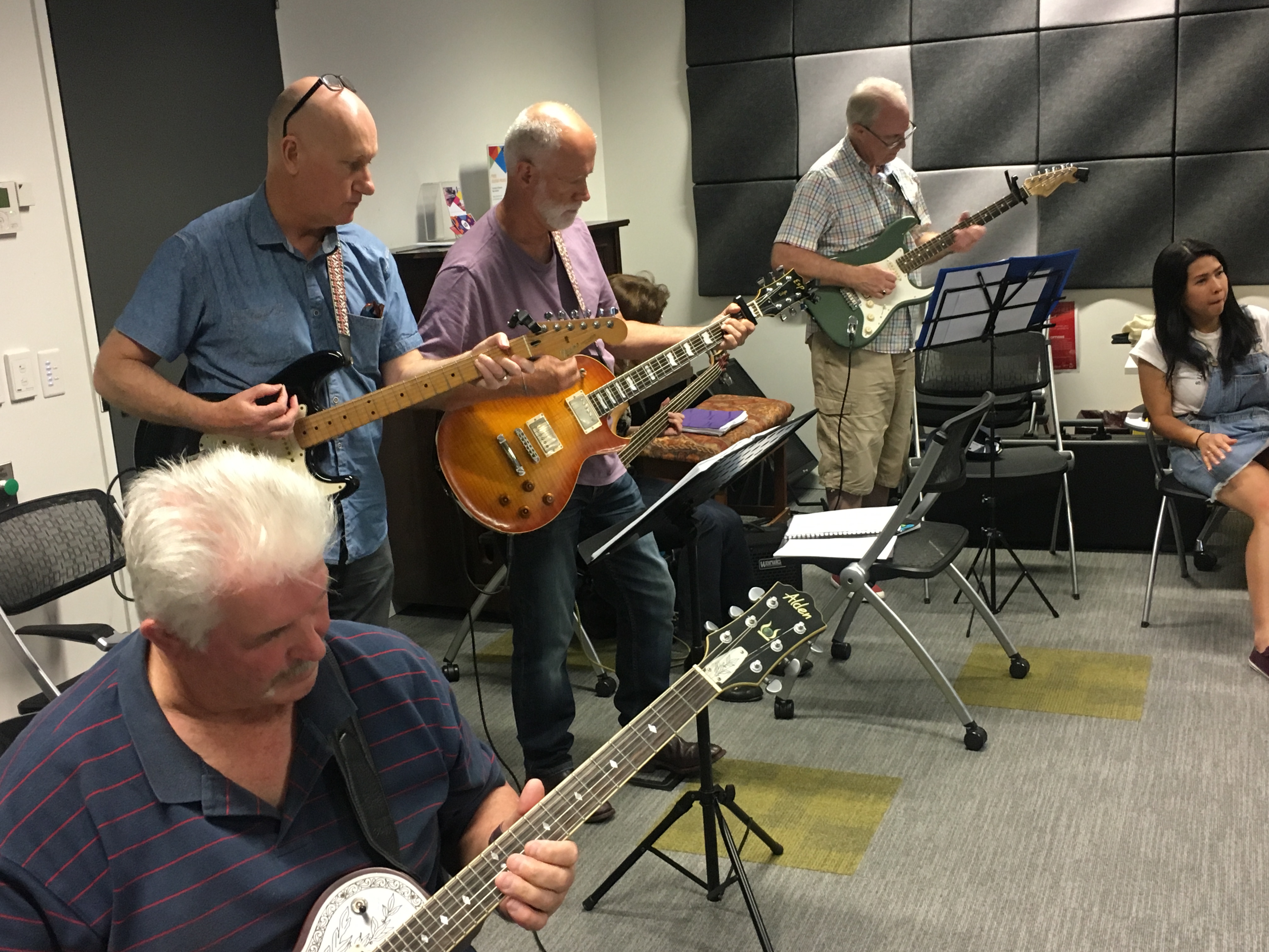 Photo of the Seniors Jam group session in the Newport Community Music Recording Studio