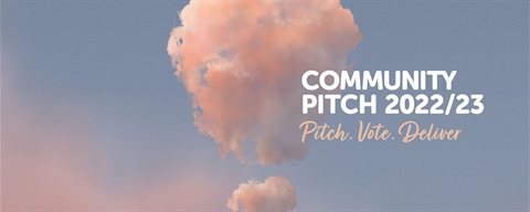 Image containing project name, Community Pitch 2022/23 with the project phases listed of pitch, vote and deliver.