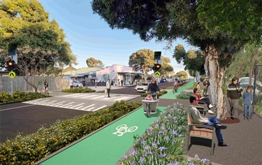 Artist impression of relocated pedestrian crossing on Maddox Road at Severn Street and northbound protected bike lane