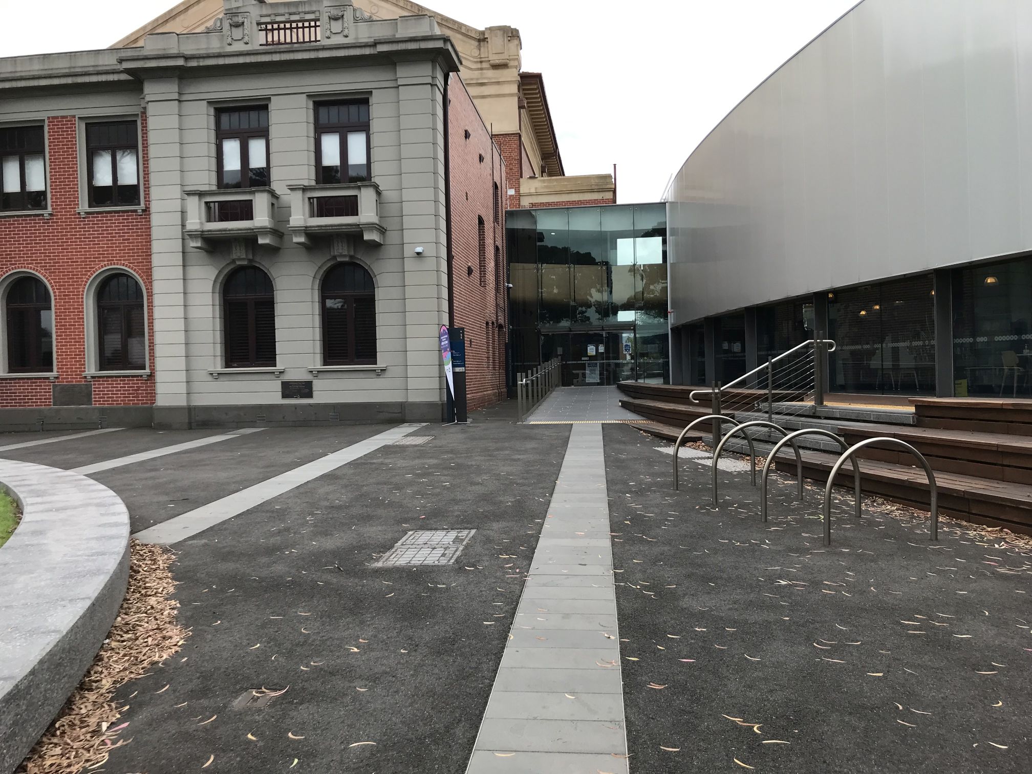 Photograph depicting approach from Ferguson st carpark to the the Williamstown Town Hall & Library linkway accessible entrance