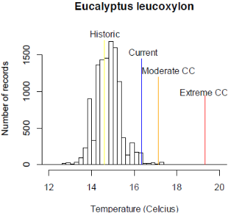 A graph displaying the lack of Eucalyptus leucoxylon existing in areas that have a mean annual temperature greater than 16 °C. 