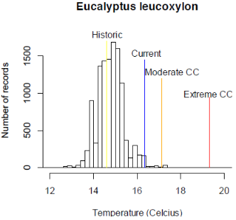 A graph displaying the lack of Eucalyptus leucoxylon existing in areas that have a mean annual temperature greater than 16 °C.