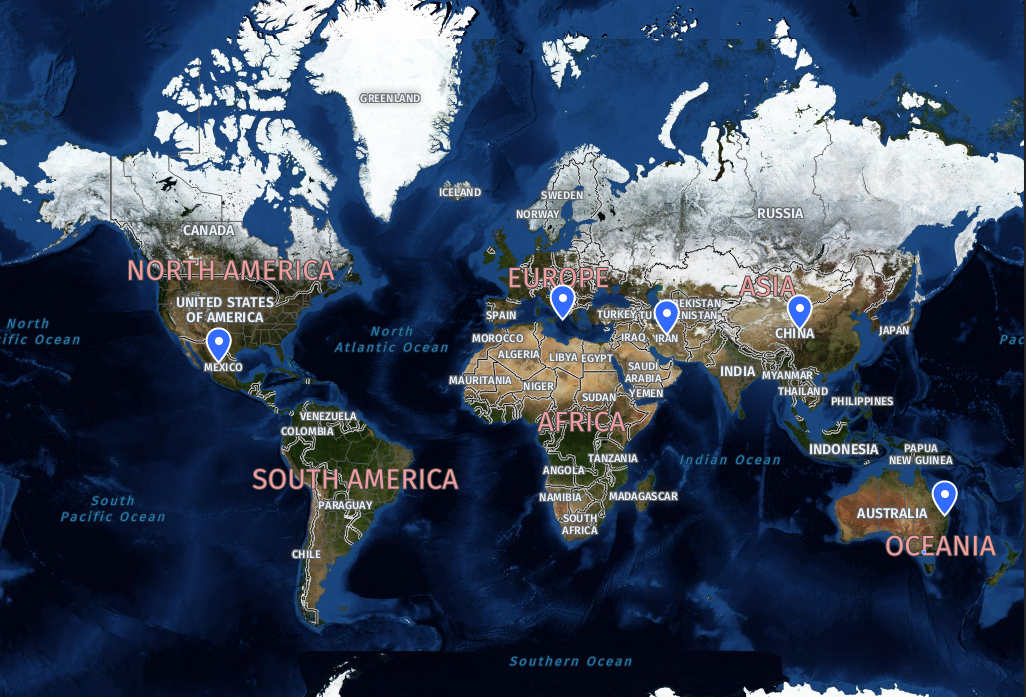 A map showing the 5 locations of the tree trials around the world