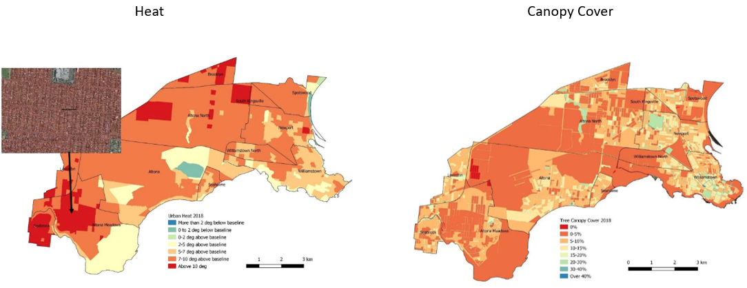 two images showing urban heat and tree canopy cover throughout Hobsons Bay in 2018