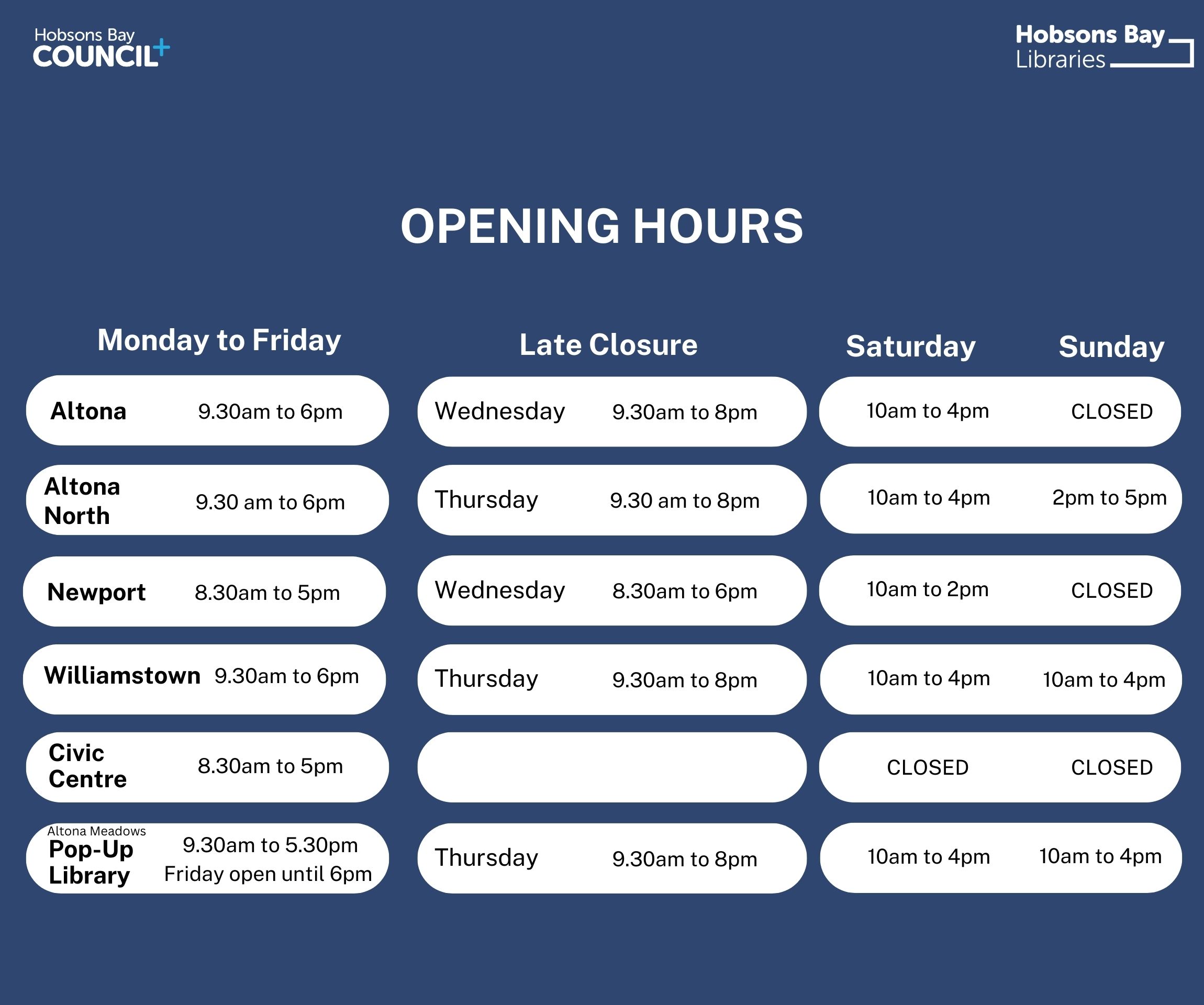 Operating hours - Hobsons Bay