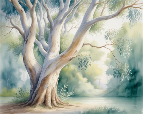 Watercolour of a gum tree.