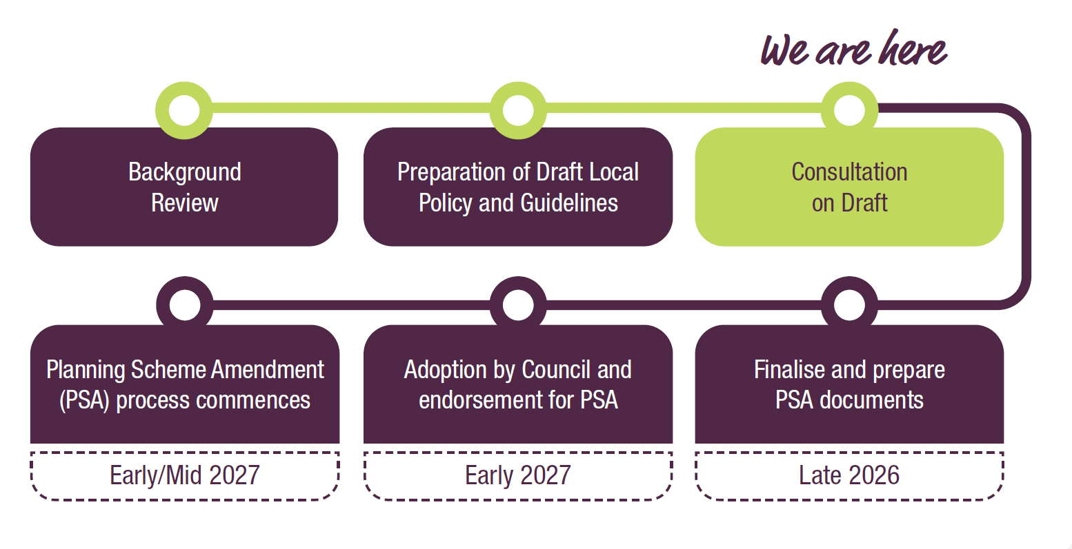 Background Review, Preparation of Draft Local Policy and Guidelines, Consultation on Draft (we are here), Finalise and prepare PSA documents (Late 2026), Adoption by Council and endorsement for PSA (Early 2027), Planning Scheme Amendment (PSA) process commences (Early/Mid 2027)