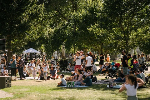 A crowd of people enjoying a concert in a local park